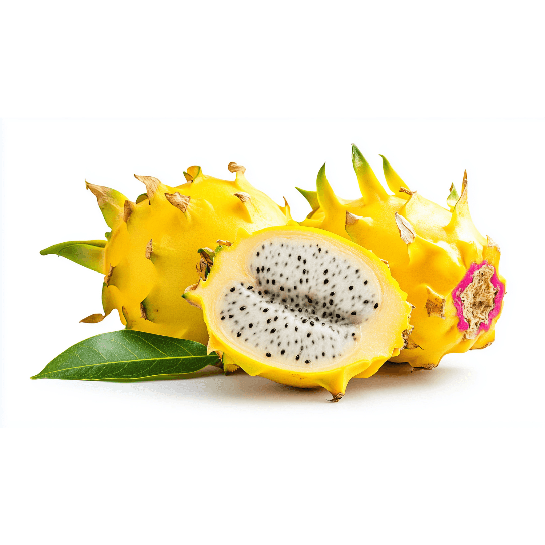 Yellow dragon fruit with one cut open, showing white flesh with black seeds, on a white background listed on kriparam fruitwala