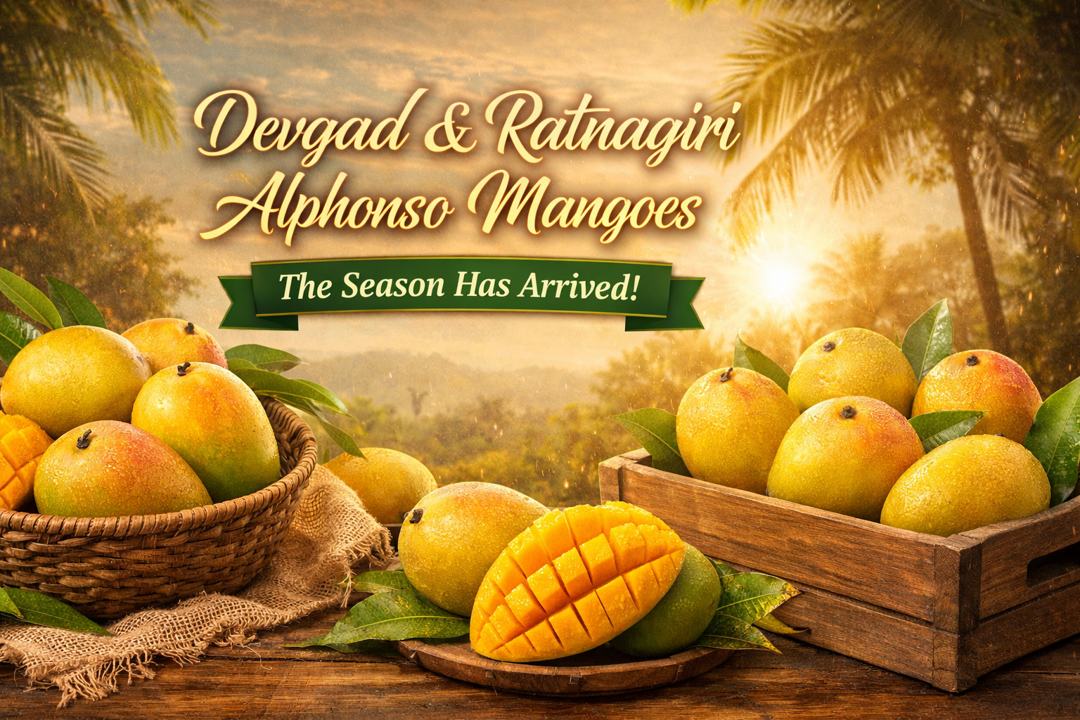 alphonso Mangoes in a basket and on a plate with a scenic background, promoting Alphonso mangoes in mumbai
