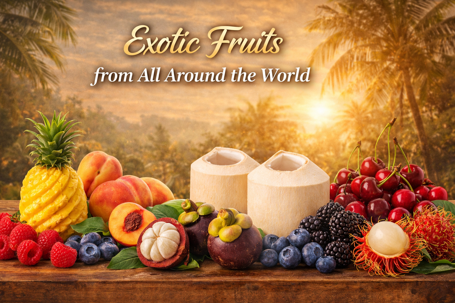 Assorted exotic fruits on a wooden surface with a tropical background